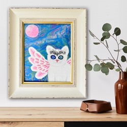 【 広がる愛 】宇宙ねこ　白猫　メッセージアート　ヒーリング　宇宙　天使　月　太陽　額入り 6枚目の画像