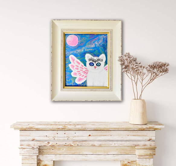 【 広がる愛 】宇宙ねこ　白猫　メッセージアート　ヒーリング　宇宙　天使　月　太陽　額入り 8枚目の画像