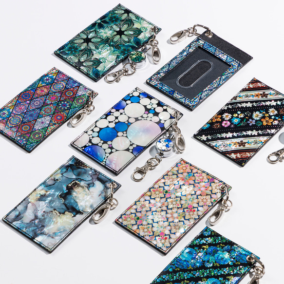 貝で作る ★ 螺鈿レザー パスケース 定期入れ | ギフト・プレゼントにおすすめ 天然貝 螺鈿アート シェル 3枚目の画像