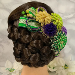 成人式卒業式結婚式・和装水引髪飾り・五つ華・紫緑 8枚目の画像
