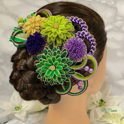 成人式卒業式結婚式・和装水引髪飾り・五つ華・紫緑 7枚目の画像