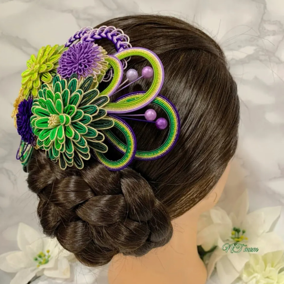 成人式卒業式結婚式・和装水引髪飾り・五つ華・紫緑 3枚目の画像