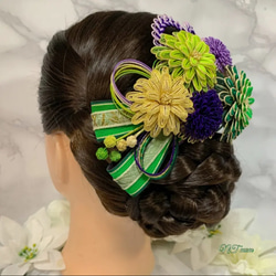 成人式卒業式結婚式・和装水引髪飾り・五つ華・紫緑 5枚目の画像