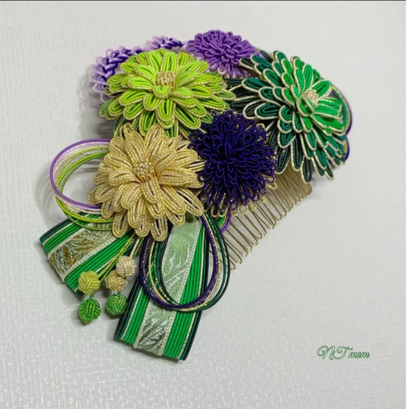成人式卒業式結婚式・和装水引髪飾り・五つ華・紫緑 6枚目の画像