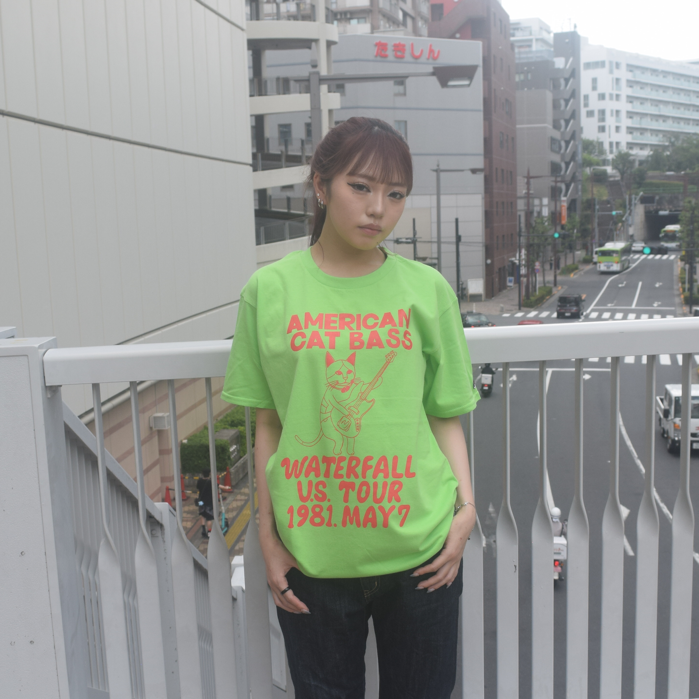 猫ツアーT「猫ベース」（レコードワッペン）　ライム　Sサイズ　夏　WATERFALLオリジナル　生産数量限定品