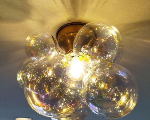 2番シーリングカバー　オーロラ×半透明白　バブルガラスランプ胡桃DB バブルガラスシーリングライトオーロラ真鍮 シーリングランプバブル