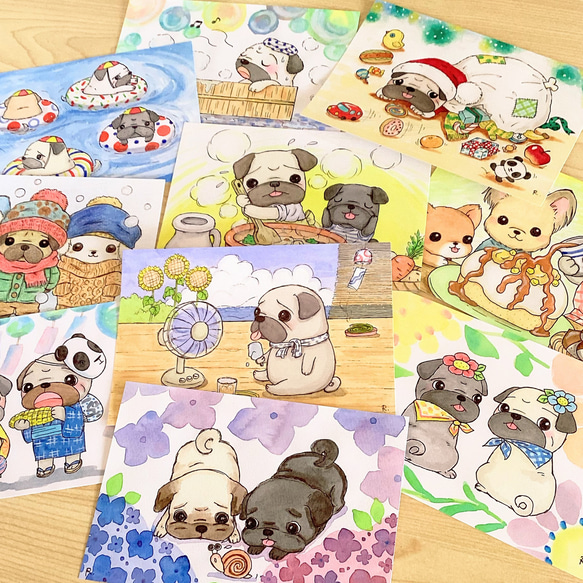 春夏秋冬ほのぼのパグ イラストポストカード 10枚セット(組み合わせ