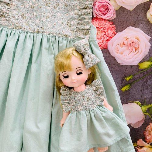 子供服 ドール服 と お揃い ワンピース ミントグリーン花柄