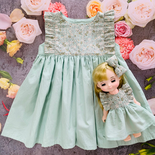 子供服 ドール服 と お揃い ワンピース ミントグリーン花柄