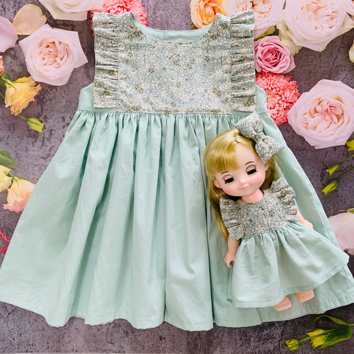 女の子　スモック　110 花柄　ミント　ピンク 女の子スモック110 花柄ミントピンク