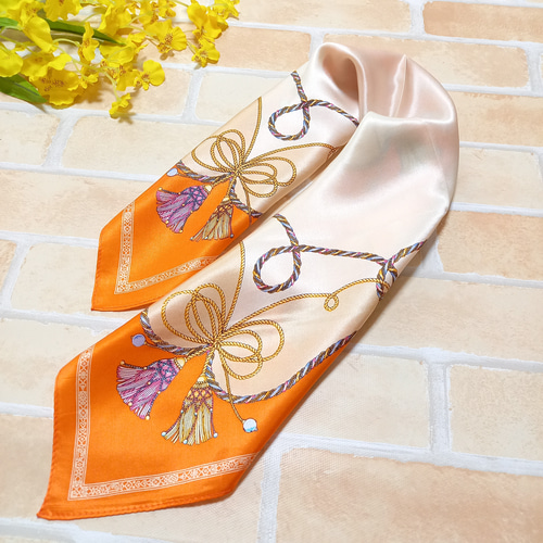 シルクプチスカーフタッセル柄オレンジお洒落0181 スカーフ・バンダナ