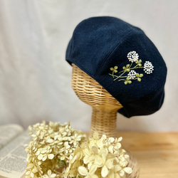 秋冬【キッズ/厚地】播州織クローバー刺繍 ベレー帽子　ネイビー　 2枚目の画像