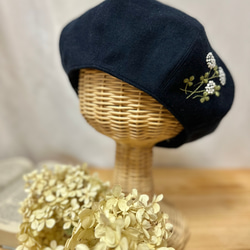 秋冬【大人/厚地】播州織クローバー刺繍 ベレー帽子　ネイビー　 3枚目の画像