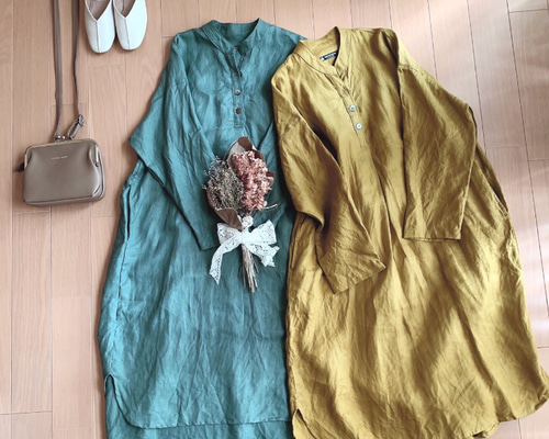 セール‼️リネン スタンドカラーワンピース新品未使用 パープル系ハンドメイド作家 7a72d20199ca38d772b719cb149df8