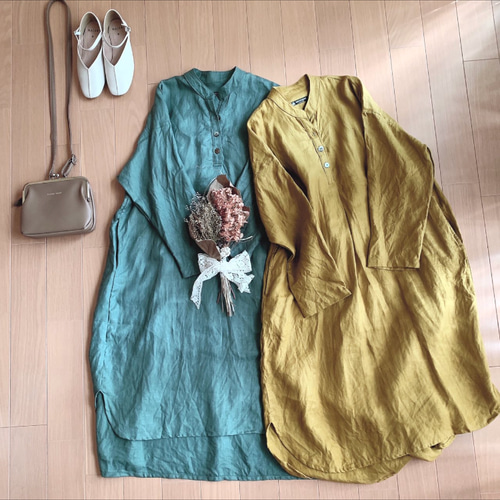 セール‼️リネン スタンドカラーワンピース新品未使用 パープル系ハンドメイド作家 セール】 MISSION DOUBLECLOTHスタンドカラーワンピース