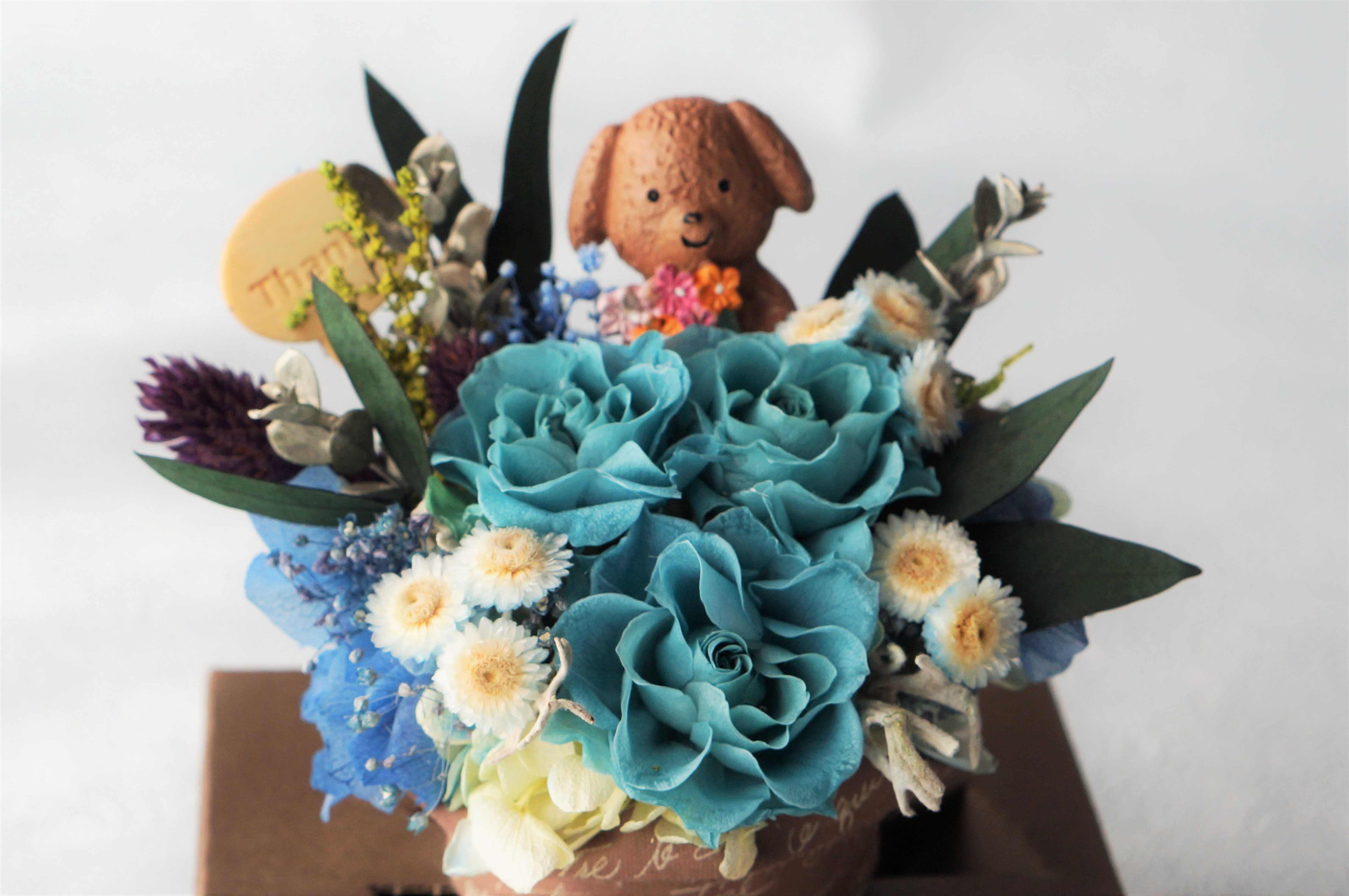 プリザーブドフラワー・　誕生日　誕生日祝・お見舞い・リスボンメッセージ付き・ケース入り