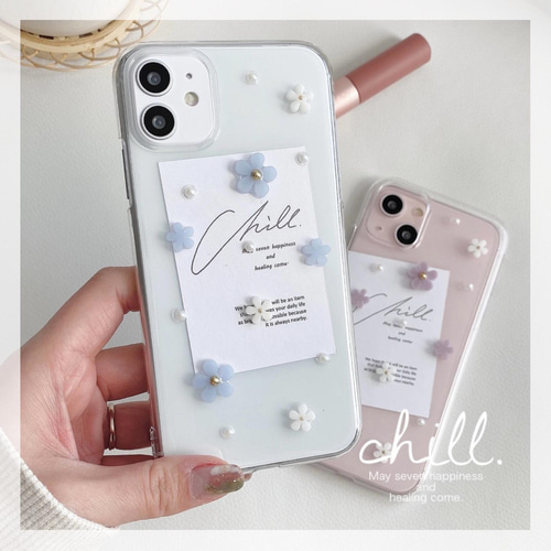 ✿iPhone14対応✿ blue mini flower iPhoneケース くすみブルー iPhone