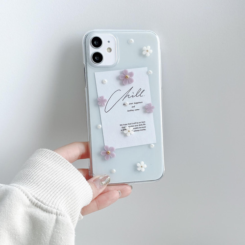 ✿iPhone14対応✿ purple mini flower iPhoneケース くすみパープル