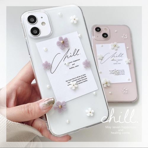 ✿iPhone14対応✿ purple mini flower iPhoneケース くすみパープル