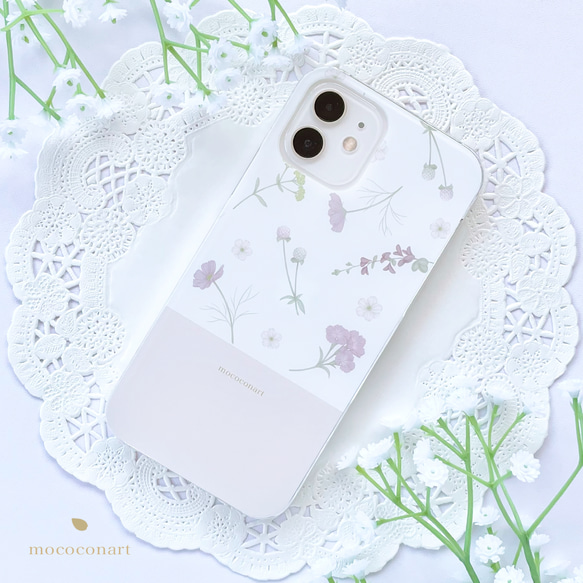 秋の花々ホワイト スマホケース iPhone Android アンドロイド 全機種対応 花柄 コスモス 撫子 バイカラー 1枚目の画像