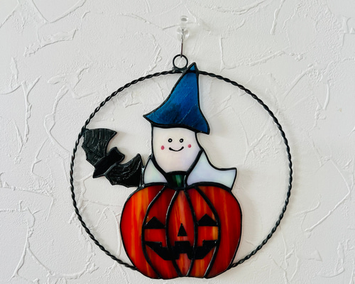 ステンドグラス ハロウィン お化けとコウモリのミニリース