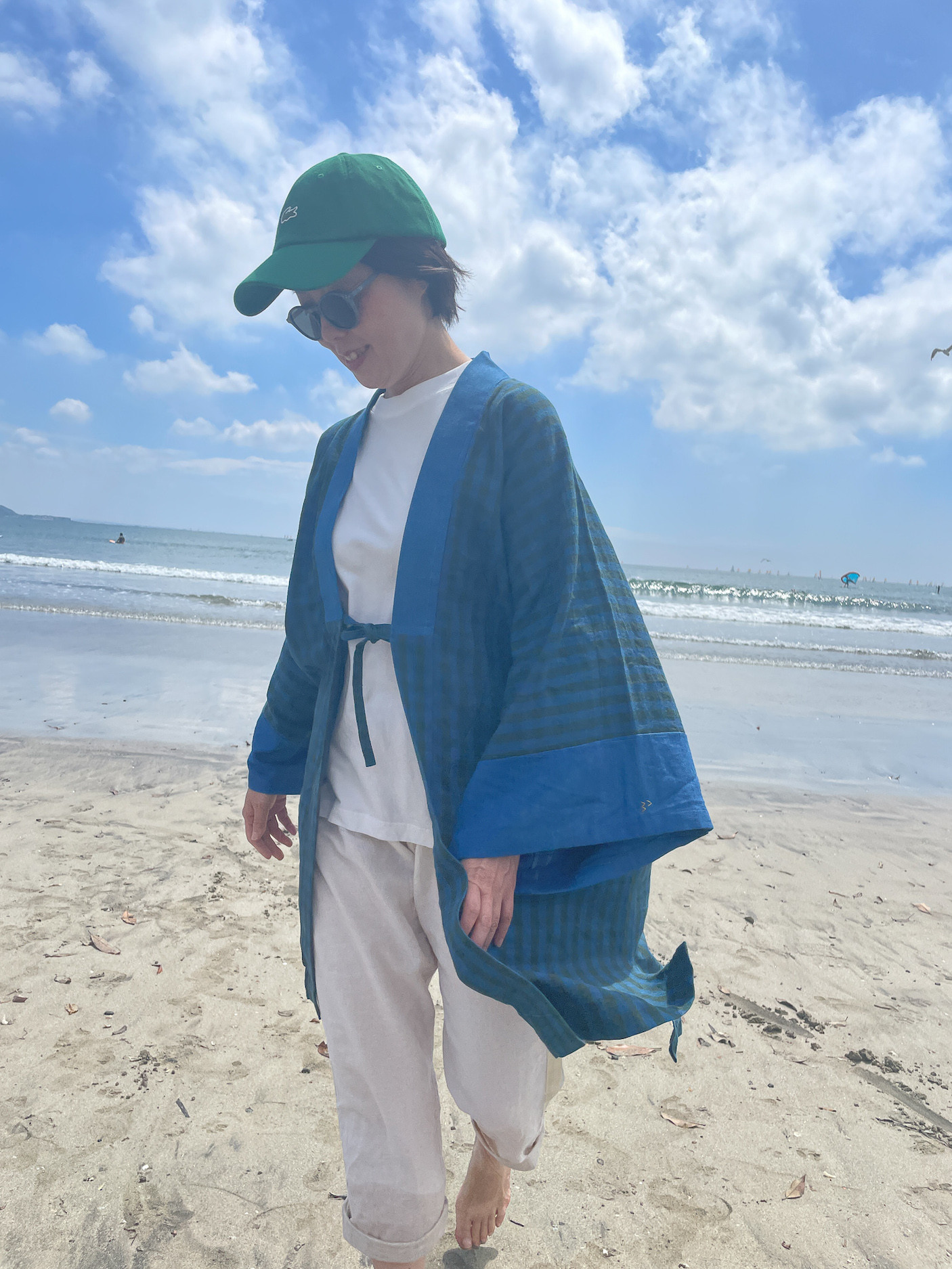 送料無料 SALE " 藍染　麻のチェック柄羽織り" Mellow "