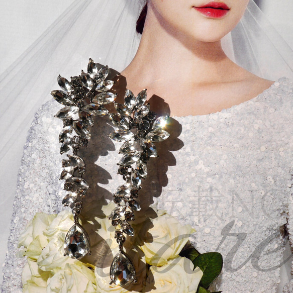 AAAクリスタル リーフ ティアドロップ ピアス/イヤリング ビジュー ブライダル 結婚式 ウェディング 花嫁 4枚目の画像