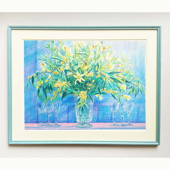 絵画　リトグラフ版画　額装品 額装☆画商から版画化 リトグラフ 青 ブルー 黄色 グラス