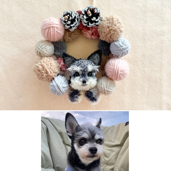 ぽん「3ポメ~お花リース」「ポメと柴犬~インコS字飾り」 ワンコのうちの子ぽんぽんリース（あんよ付き毛糸玉
