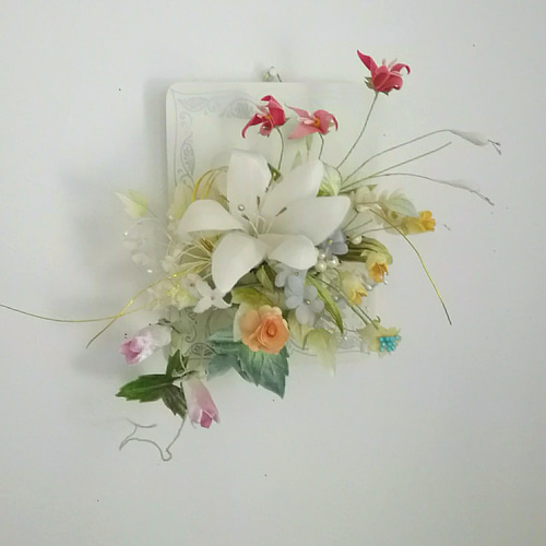 染め布花＊アンティークな百合の壁掛け・フレーム 海外不可 アート