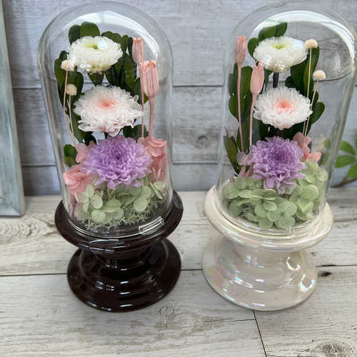 お仏壇用の仏花　ガラスドーム　中　一対  プリザーブドフラワー　花瓶ドーム付き