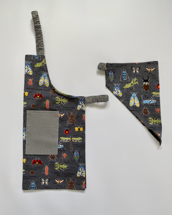 昆虫柄⭐︎120〜130こどもエプロン、三角巾、巾着の3点セット 2枚目の画像