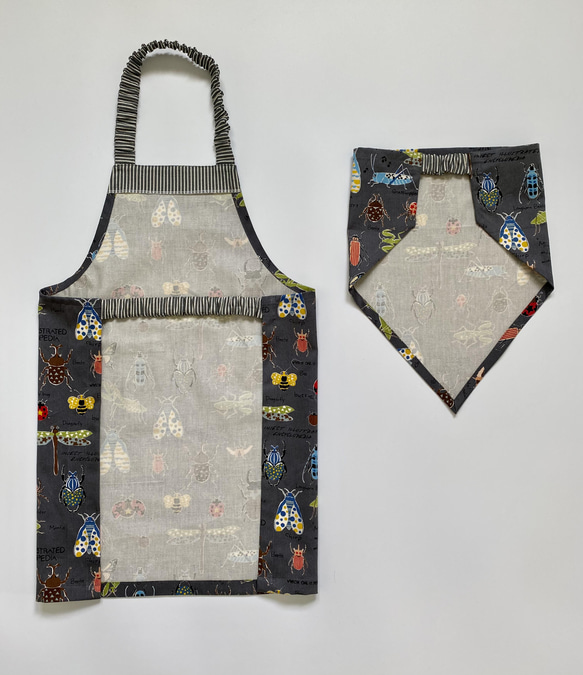 昆虫柄⭐︎120〜130こどもエプロン、三角巾、巾着の3点セット 3枚目の画像