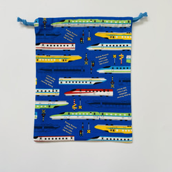 電車柄☆100〜110こどもエプロン、三角巾、巾着3点セット 7枚目の画像