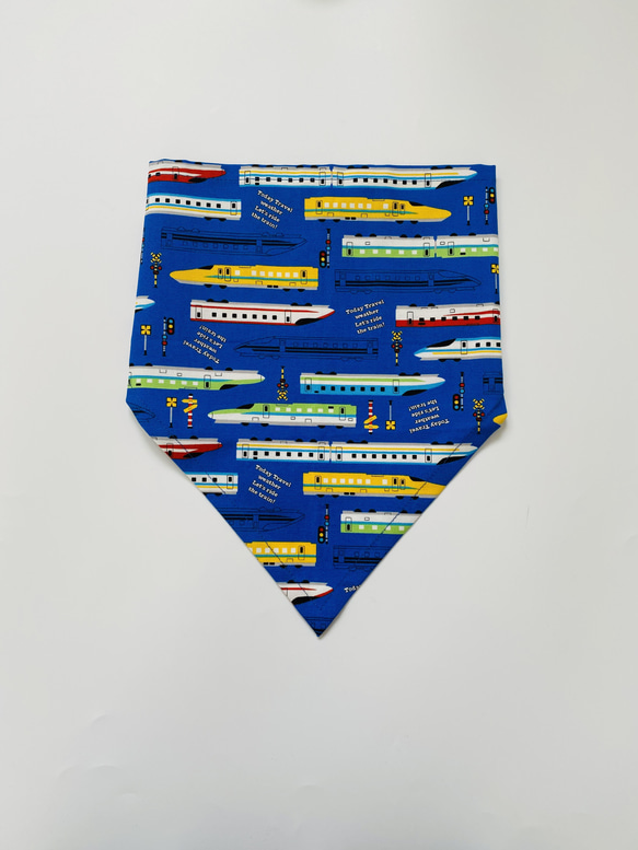 電車柄☆100〜110こどもエプロン、三角巾、巾着3点セット 5枚目の画像