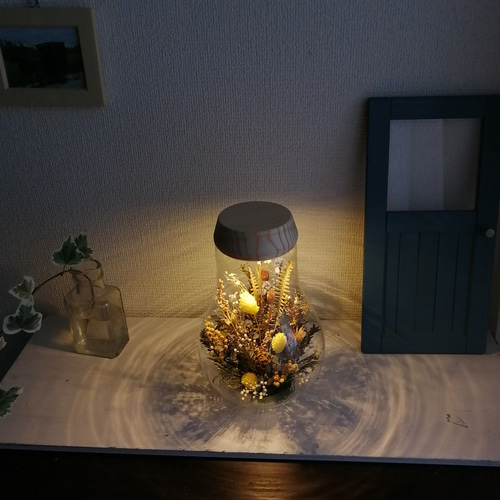 LEDライト付き】ドライフラワーのボトルランプ ガラス瓶 ナチュラル