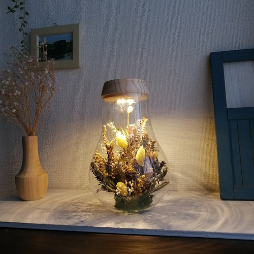 LEDライト付き】ドライフラワーのボトルランプ ガラス瓶 ナチュラル