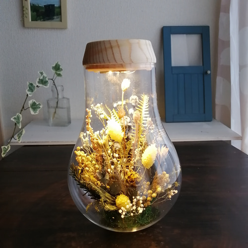 LEDライト付き】ドライフラワーのボトルランプ ガラス瓶 ナチュラル