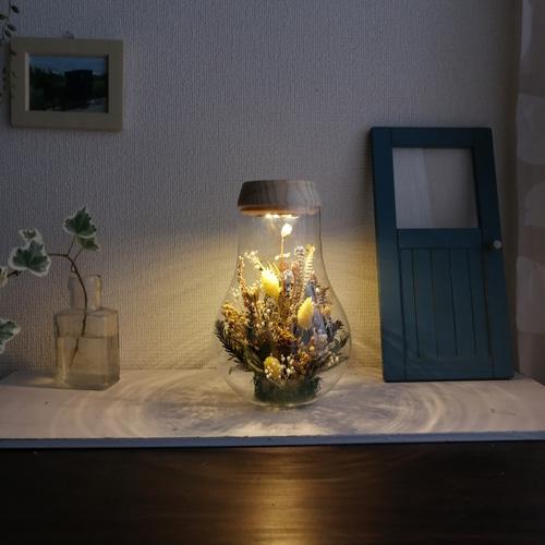 LEDライト付き】ドライフラワーのボトルランプ ガラス瓶 ナチュラル
