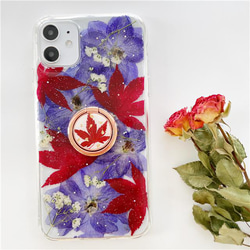 かすみ草と楓（カエデ）iPhone14/SE/Xperia5III/GALAXYS22 スマホリング 押し花ケース 4枚目の画像