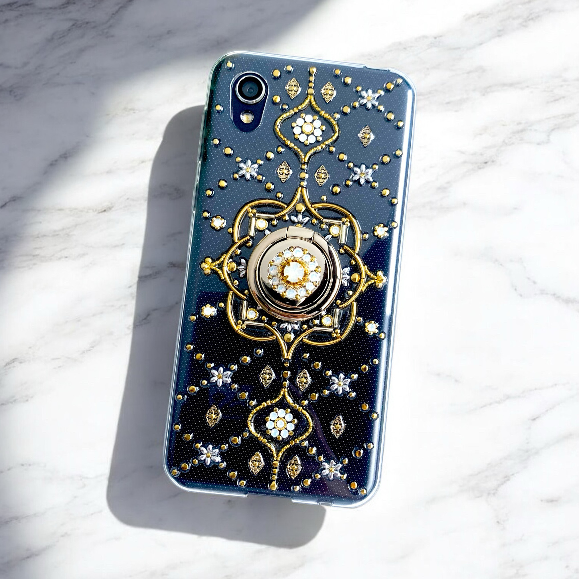 【全機種製作可】フェアリーボンボン ホワイトオパール"10月誕生石"スマホリング付きケース