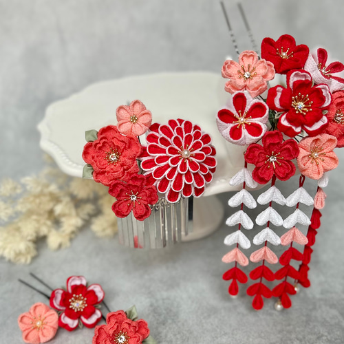 つまみ細工 かんざしセット（7歳さん以上向け）赤 コーラル サーモン