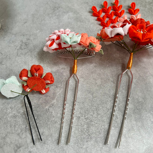 つまみ細工 かんざしセット（7歳さん以上向け）赤 コーラル サーモン