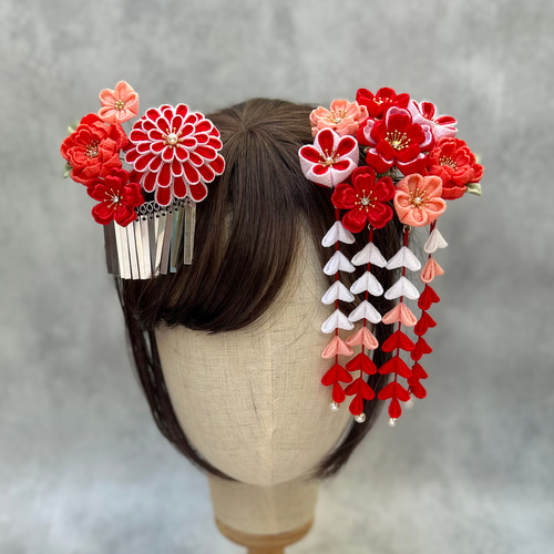 つまみ細工 かんざしセット（7歳さん以上向け）赤 コーラル サーモン
