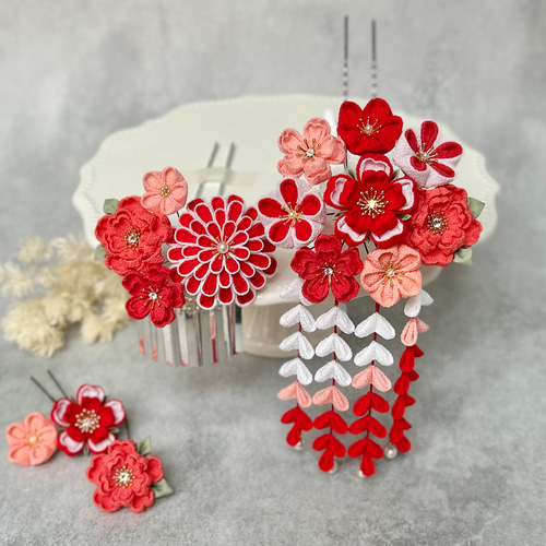 つまみ細工 かんざしセット（7歳さん以上向け）赤 コーラル サーモン