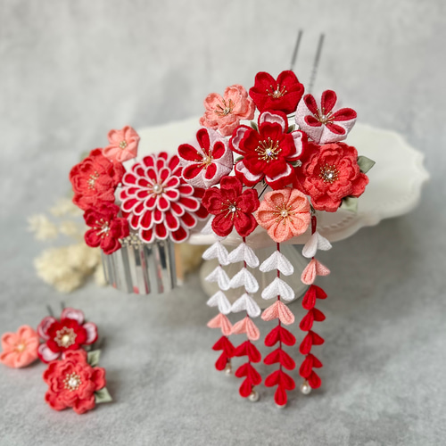 つまみ細工 かんざしセット（7歳さん以上向け）赤 コーラル サーモン