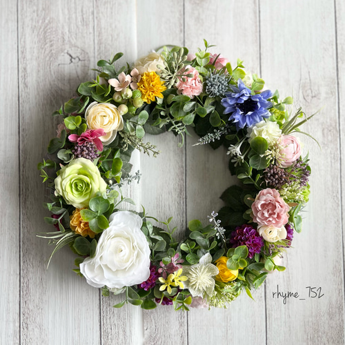 お花畑のようなリース1 (マルチカラー・24cm・アーティフィシャル