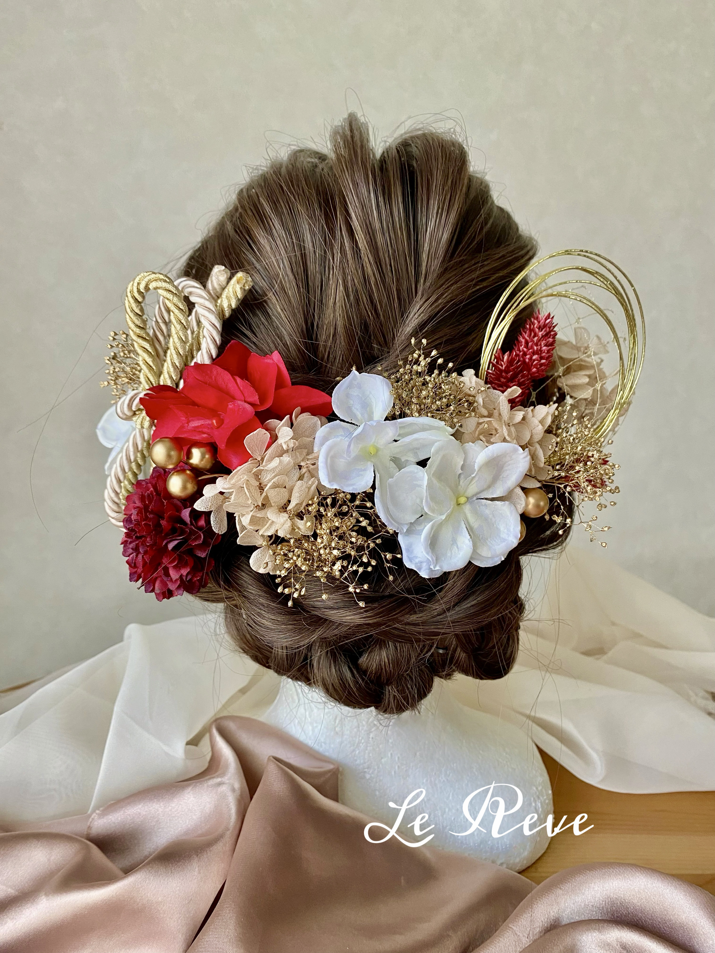 紐リボン　水引　レッドベージュ髪飾り　成人式　卒業式　結婚式　振袖　袴　色打掛　赤　成人式髪飾り　卒業式髪飾り