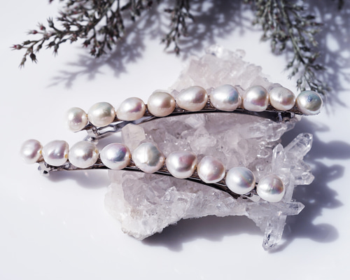 高級感☆バロックパール連なる淡水真珠の細バレッタ ～Marinella