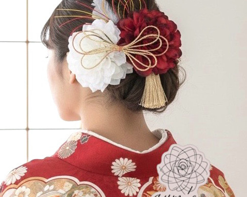 カラー変更対応】レッド赤&ホワイト白 紅白 和装 振袖 成人式用髪飾り